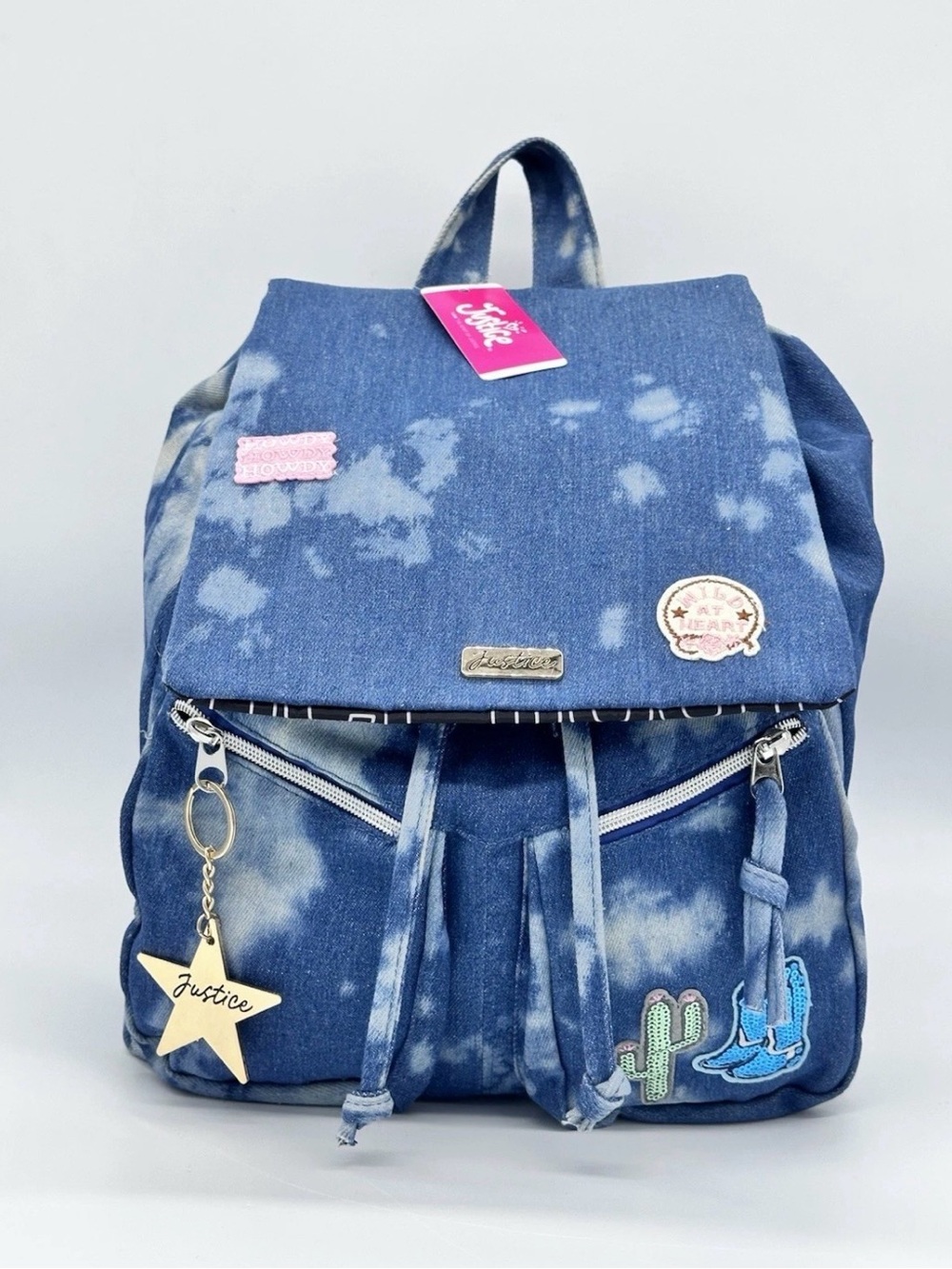 Justice Blue Jean Drawstring Rucksack Backpack Cowboy Cactus Boot Patches W Key